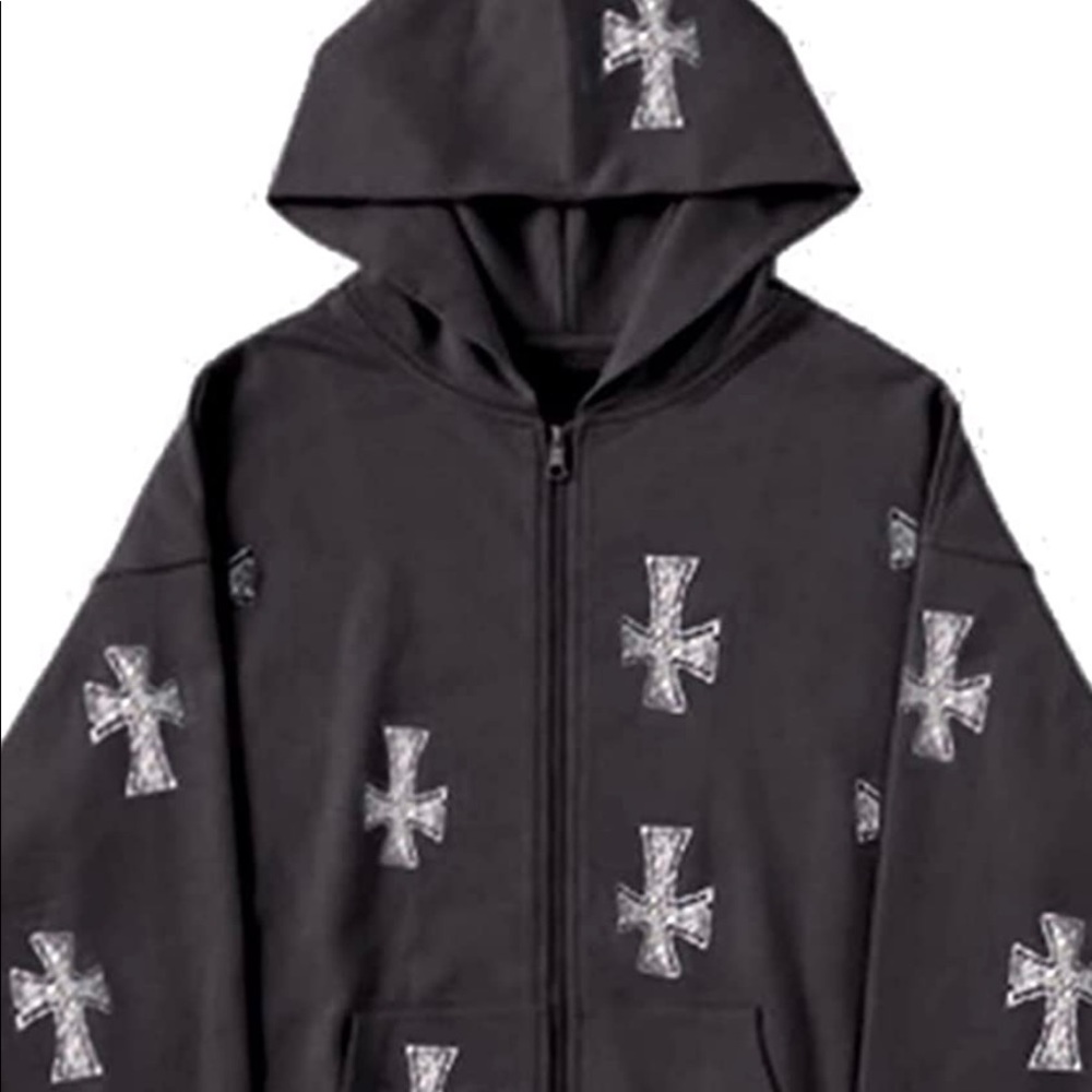 Rhinestone cross hooded zip up